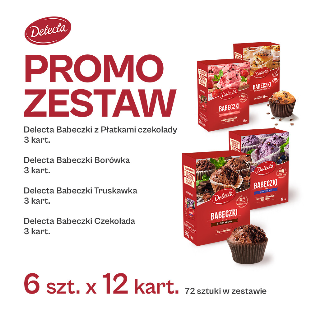 Promo Zestaw - Delecta Babeczki Płatki czekolady, Borkówa, Truskawka i Czekolada