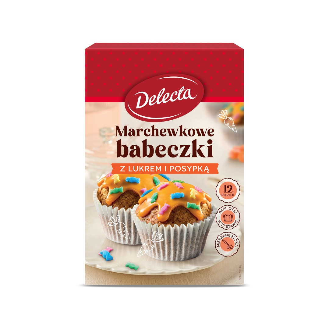 Delecta Babeczki marchewkowe z lukrem pomarańczowym i posypką 360g