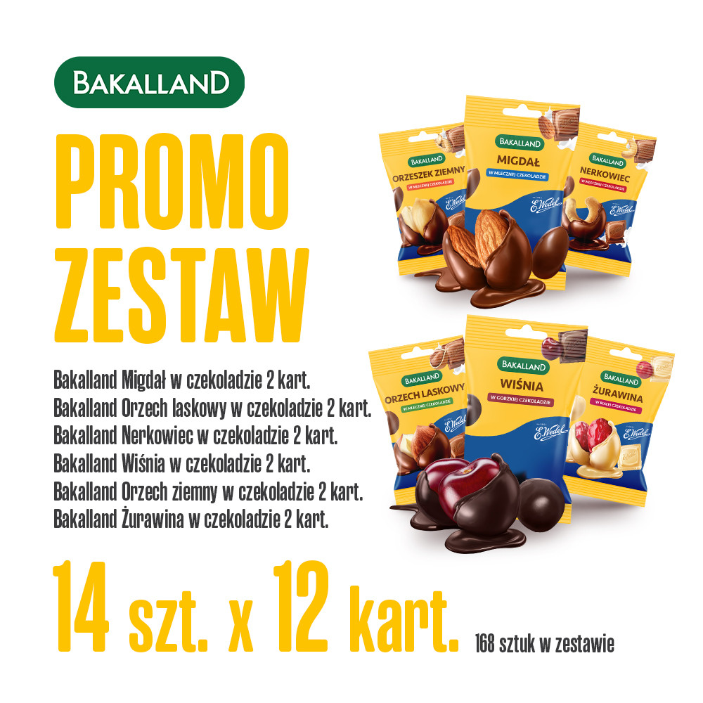 Promo Zestaw - Bakalland Migdał, Orzech laskowy, Nerkowiec, Wiśnia, Orzech ziemny i Żurawina w czekoladzie Wedel