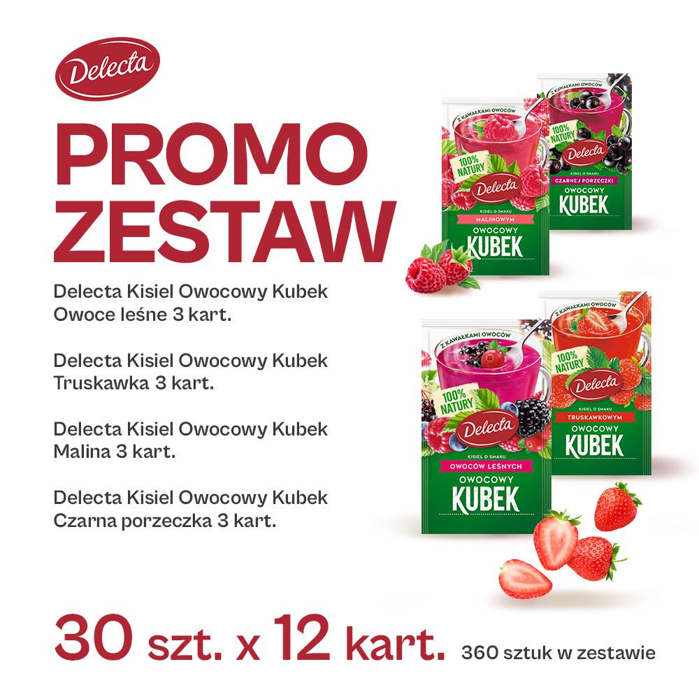 Promo Zestaw - Delecta Kisiele Owocowe Kubki Owoce leśne, Truskawka, Malina i Czarna porzeczka