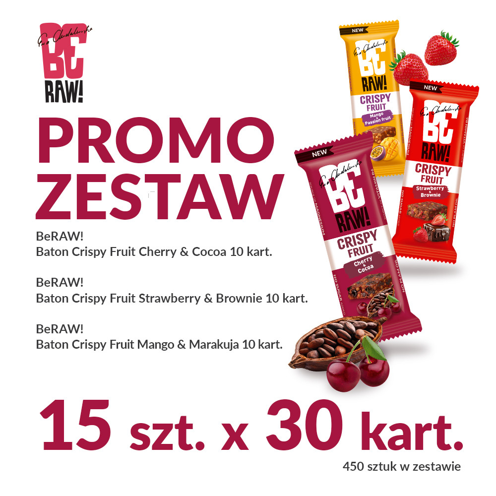 Promo Zestaw - BeRAW! Batony Crispy Fruit Wiśnia i Kakao, Truskawka i Brownie, Mango i Marakuja