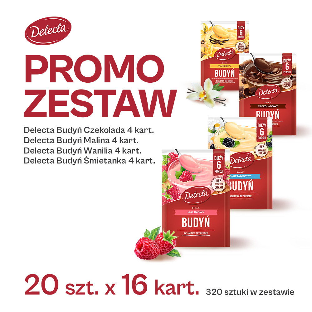 Promo Zestaw - Delecta Budynie Czekolada, Malina, Wanilia i Śmietanka